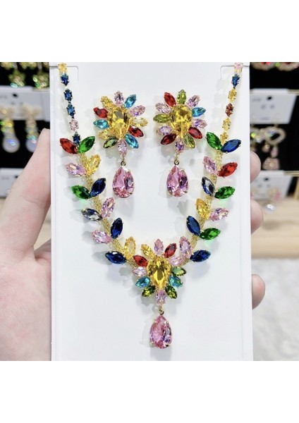 Renkli Zirkonlu Moda Lüks Kolye Küpe Seti, 925 Gümüş Iğneli Zirkon Kolye Detaylı (Yurt Dışından) fiyatları