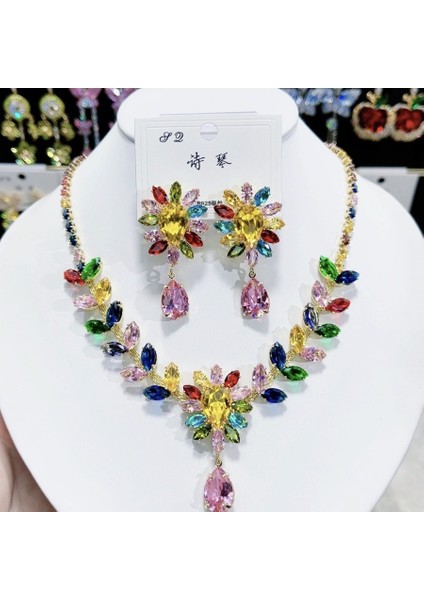 Renkli Zirkonlu Moda Lüks Kolye Küpe Seti, 925 Gümüş Iğneli Zirkon Kolye Detaylı (Yurt Dışından) modelleri