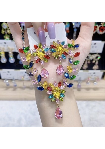 Renkli Zirkonlu Moda Lüks Kolye Küpe Seti, 925 Gümüş Iğneli Zirkon Kolye Detaylı (Yurt Dışından) fırsatları