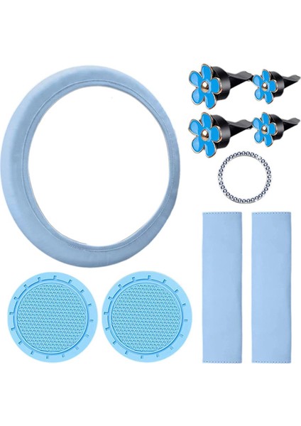 10 Adet Direksiyon Kapağı Kadınlar Için Sevimli Araç Aksesuarları Emniyet Kemeri Omuz Pedleri ile Set Mavi (Yurt Dışından)