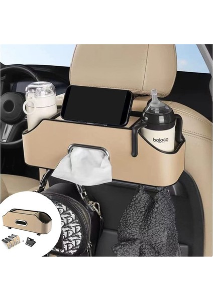 2 Içecek Fincanı, Cep Telefonu Tutucuları, Kancalar ve Doku Kutusu Aksesuarları ile Araba Başlığı Arka Koltuk Organizatörü - Bej (Yurt Dışından) fırsatları