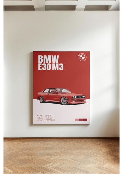 Bmw E30 M3 Poster - Kanvas Tablo - Kırmızı Retro Otomobil Sanatı Duvar Dekoru