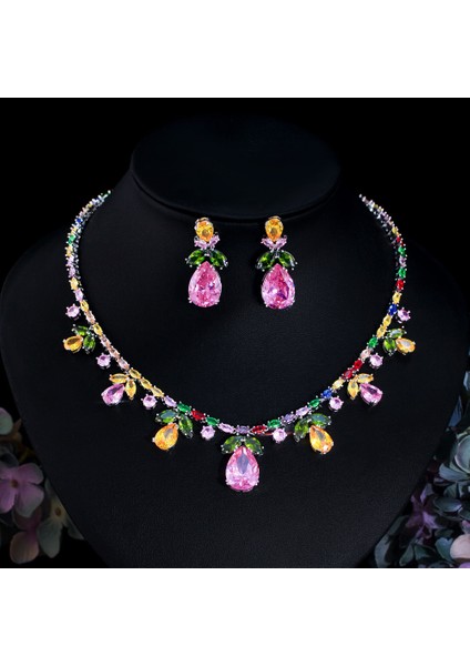 Gökkuşağı Kolye Küpe Moda Seti Akşam Yemeği Elbisesi Gelinlik Aksesuarları Renkli Zirkonlu Gelin Takımı (Yurt Dışından)