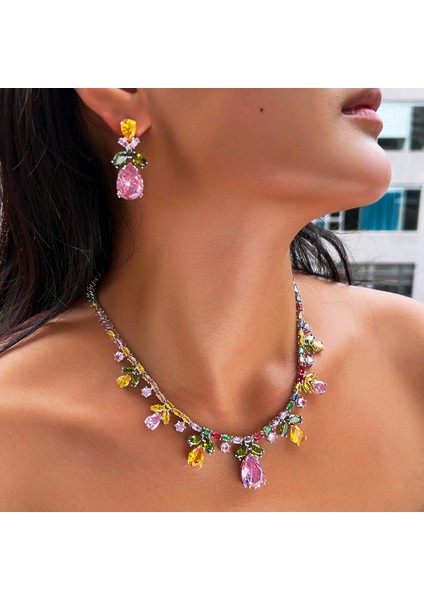 Gökkuşağı Kolye Küpe Moda Seti Akşam Yemeği Elbisesi Gelinlik Aksesuarları Renkli Zirkonlu Gelin Takımı (Yurt Dışından) fiyatları