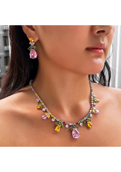 Gökkuşağı Kolye Küpe Moda Seti Akşam Yemeği Elbisesi Gelinlik Aksesuarları Renkli Zirkonlu Gelin Takımı (Yurt Dışından) fırsatları