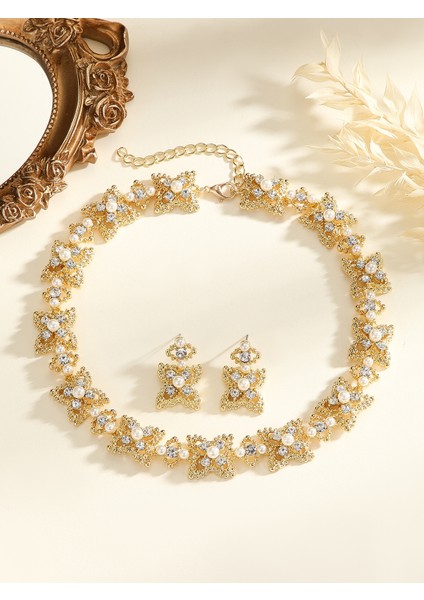 Avrupa-Amerika Yapay Elmaslı Inceli Damatlık Kolyesi, 2 Parçalı Takı Seti, Moda Tam Elmas Küpeler, A Tılı Lüks Stil (Yurt Dışından)