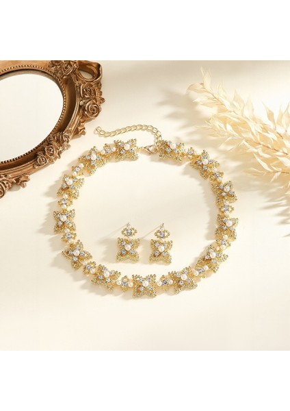 Avrupa-Amerika Yapay Elmaslı Inceli Damatlık Kolyesi, 2 Parçalı Takı Seti, Moda Tam Elmas Küpeler, A Tılı Lüks Stil (Yurt Dışından) modelleri