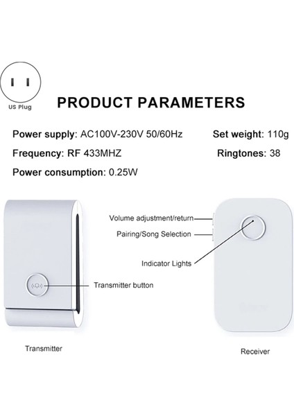 433 Mhz Kendinden Üretici Kablosuz Kapı Zili 38 Zil Sesleri Dingdong Kapı Zili Yaşlı Çekme Us-Plug Için (Yurt Dışından) fırsatları