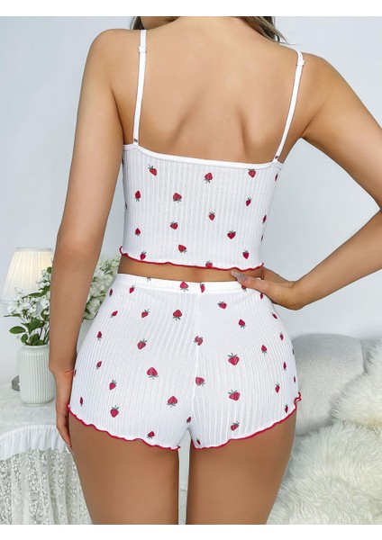 - Beyaz Üstüne Çilek Desenli Askılı Şortlu Pijama Takımı fiyatları