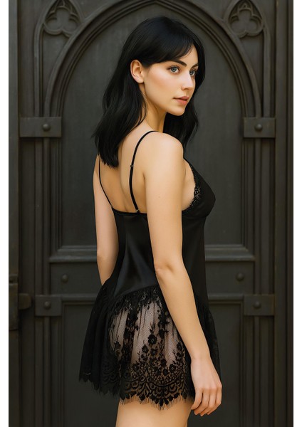 - Siyah Ince Askılı Dantel Işlemeli Saten Gecelik fiyatları