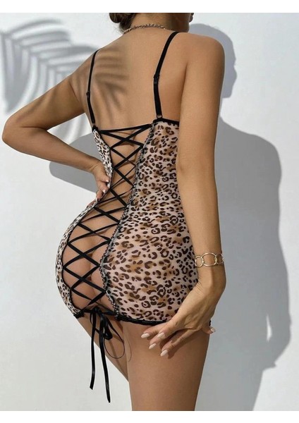 - Transparan Leopar Tül Arkası Çapraz Ipli Fantezi Gecelik