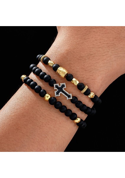 Hafif Lüks, Yüksek Ka, Koyu Renkli Paslanmaz Çelik Haçlı Boncuklu Bileklik 4 Parça Set (Yurt Dışından)