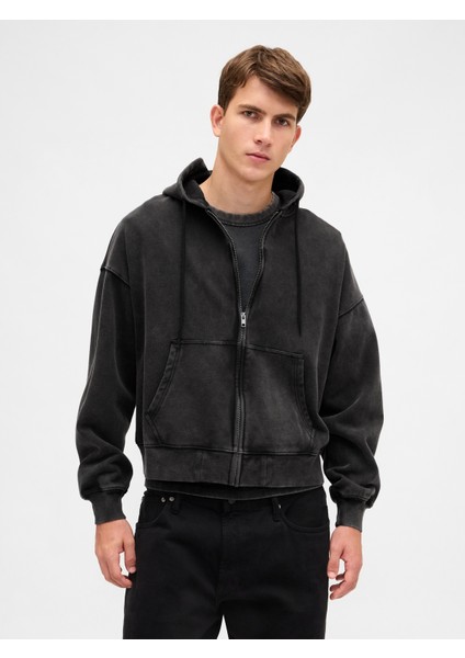 Erkek Siyah Heavyweight Oversized Crop Fermuarlı Sweatshirt