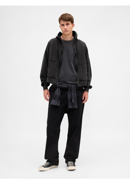 Erkek Siyah Heavyweight Oversized Crop Fermuarlı Sweatshirt indirimleri