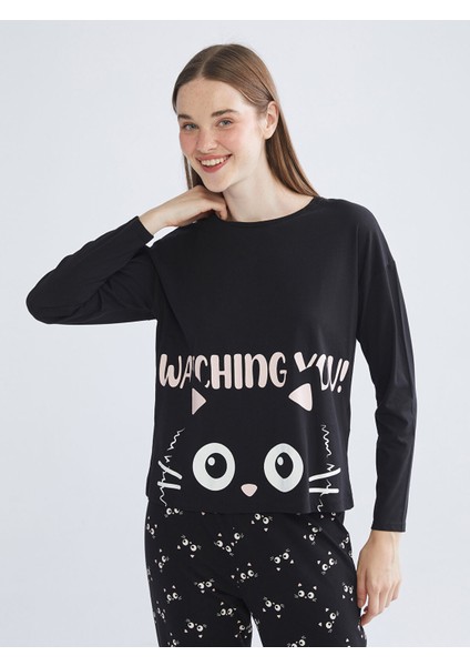 Yeni Sezon Bisiklet Yaka Baskılı Kadın Pijama Üst