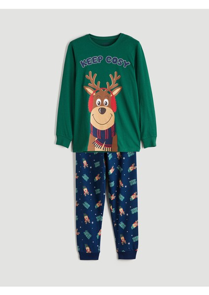 Yeni Sezon Bisiklet Yaka Yılbaşı Temalı Erkek Çocuk Pijama Takımı