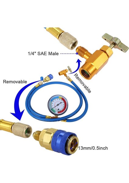R134A Şarj Hortumu Buzdolabına -Klima Göstergesi ile -Soğutucu R134A R12/R -22 Bağlantı Noktasına Dokunabilir (Yurt Dışından) modelleri