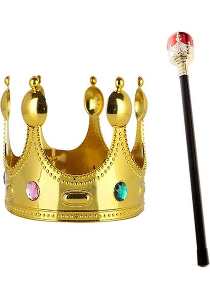 Çocuk Boy Altın Renk Kral Tacı ve Kırmızı Topuzlu Kral Asası