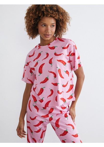 Yeni Sezon Bisiklet Yaka Desenli Kadın Pijama Takımı fiyatları