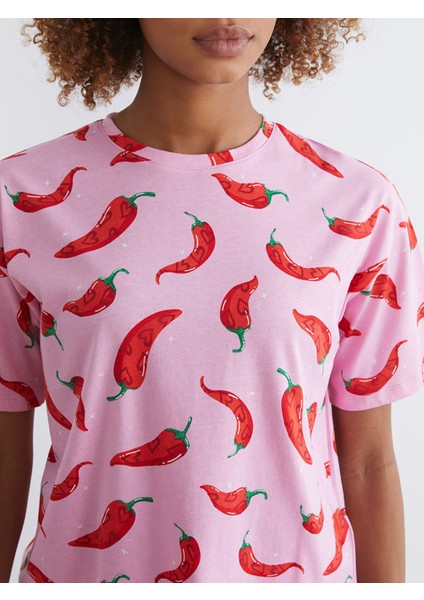 Yeni Sezon Bisiklet Yaka Desenli Kadın Pijama Takımı modelleri