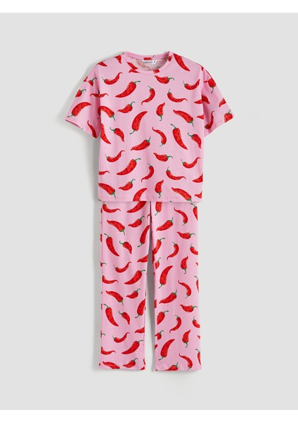 Yeni Sezon Bisiklet Yaka Desenli Kadın Pijama Takımı indirimleri