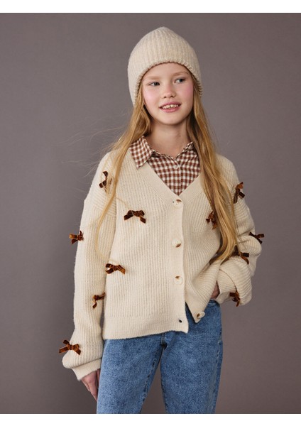 Yeni Sezon V Yaka Fiyonk Detaylı Kız Çocuk Triko Hırka