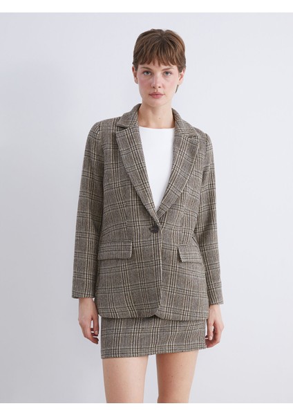Yeni Sezon V Yaka Ekose Kadın Kaşe Blazer Ceket
