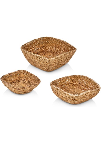 3'lü El Yapımı Hasır Kare Dekoratif Çerezlik Meyvelik, Dekoratif Amaçlı Mini Hasır Sepetler (16CM*16CM*7CM-14CM*14CM*6CM-12CM*12CM*5CM)