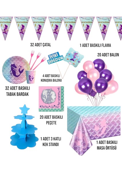 Deniz Kızı 32 Kişilik Doğum Günü Parti Seti - Deniz Kızı Konsepti Doğum Günü Parti Süsleri fiyatları