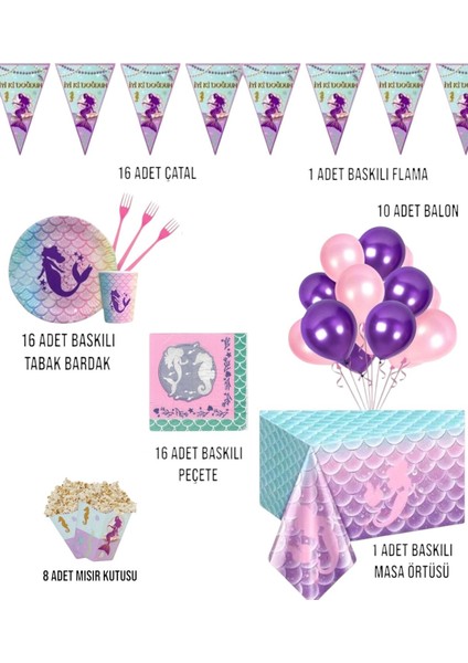 Deniz Kızı 16 Kişilik Doğum Günü Parti Seti - Deniz Kızı Konsepti Doğum Günü Masa Süsleri fiyatları