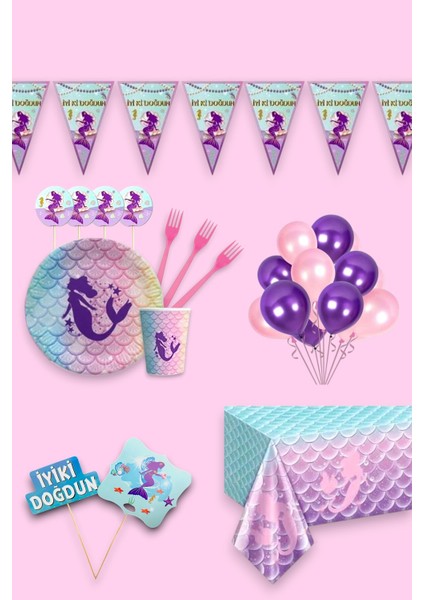 Deniz Kızı 8 Kişilik Doğum Günü Parti Seti - Deniz Kızı Konsepti Konuşma Balonlu Parti Süsü