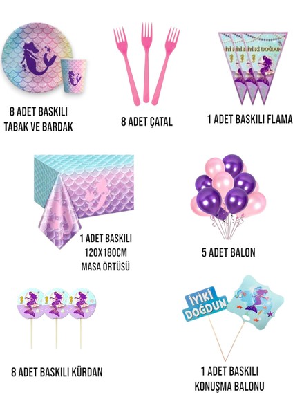 Deniz Kızı 8 Kişilik Doğum Günü Parti Seti - Deniz Kızı Konsepti Konuşma Balonlu Parti Süsü fiyatları
