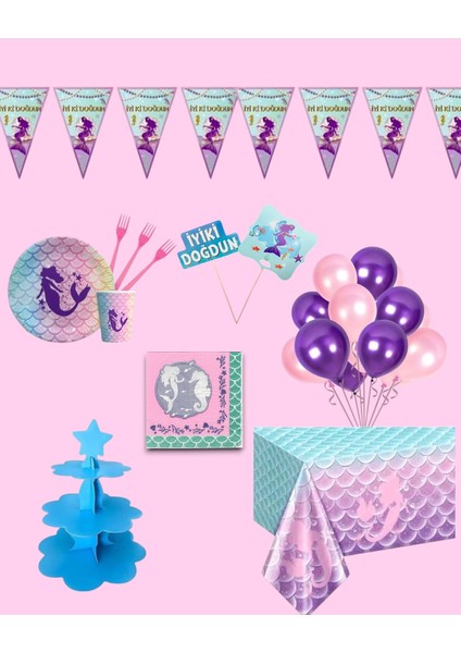 Deniz Kızı 16 Kişilik Doğum Günü Parti Seti - Deniz Kızı Konsepti Doğum Günü Parti Süsleri