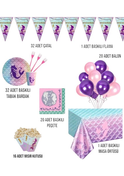 Deniz Kızı 32 Kişilik Doğum Günü Parti Seti - Deniz Kızı Konsepti Doğum Günü Masa Süsleri fiyatları