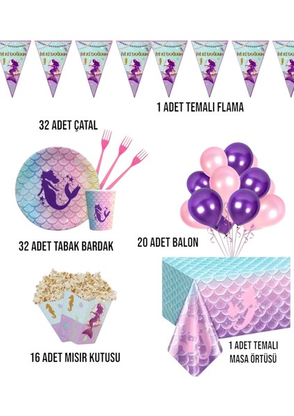 Deniz Kızı 32 Kişilik Doğum Günü Parti Seti - Deniz Kızı Konsepti Doğum Günü Parti Süsü fiyatları