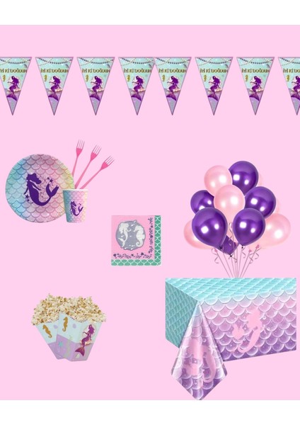 Deniz Kızı 8 Kişilik Doğum Günü Parti Seti - Deniz Kızı Konsepti Doğum Günü Masa Süsleri