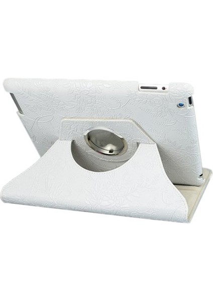 360 Derece Dönen Stand Şık Kabartmalı Çiçekler Ipad 3/2 Için Stylus ile 3/2 Akıllı Kapak Uyanışı/uyku-Beyaz (Yurt Dışından)