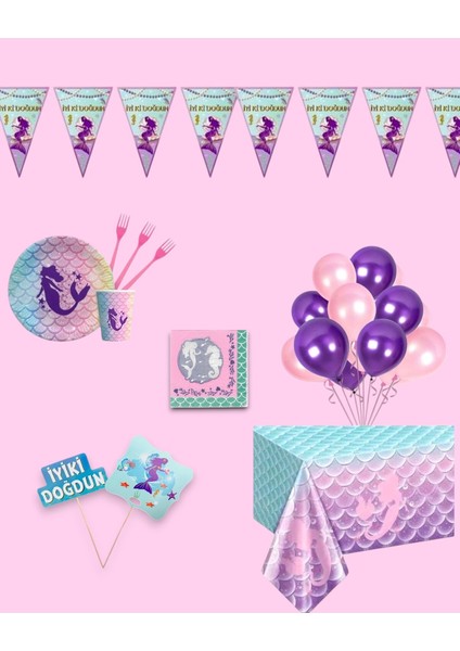 Deniz Kızı Doğum Günü Parti Seti | 1-5 Yaş Arası | Balık Kuyruğu Temalı Kız Çocuk Masa Süsleri 32 Li
