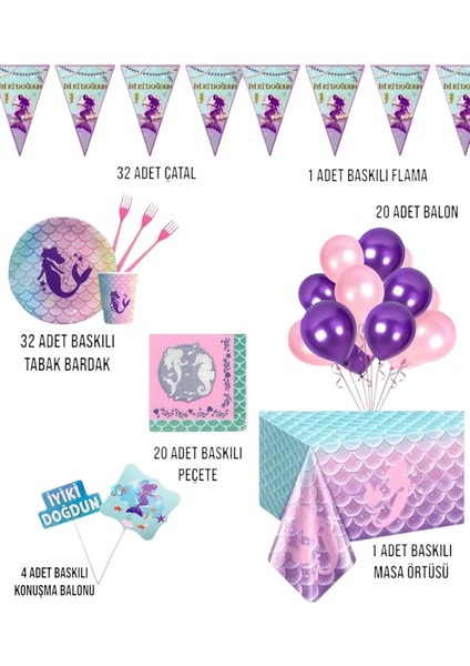 Deniz Kızı Doğum Günü Parti Seti | 1-5 Yaş Arası | Balık Kuyruğu Temalı Kız Çocuk Masa Süsleri 32 Li fiyatları