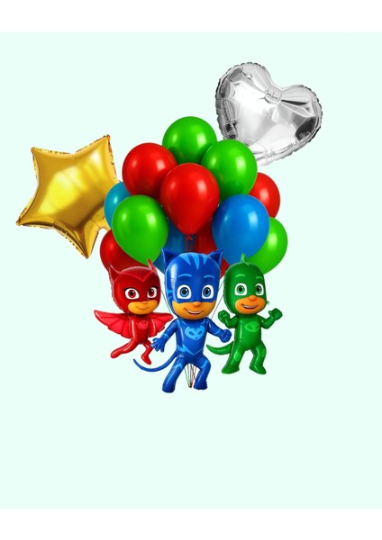 Pijamaskeliler Folyo Balon Seti - Kedi-Baykuş-Kertenkele-Kalp ve Yıldız Doğum Günü Parti Seti