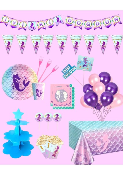 Deniz Kızı Doğum Günü Parti Seti - Kız Çocuk Parti Masa Süsleri 24 Kişilik