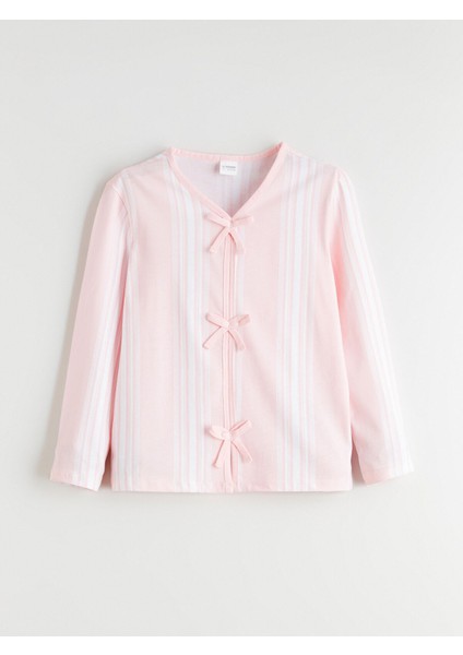 Yeni Sezon V Yaka Fiyonk Detaylı Kız Çocuk Pijama Üst