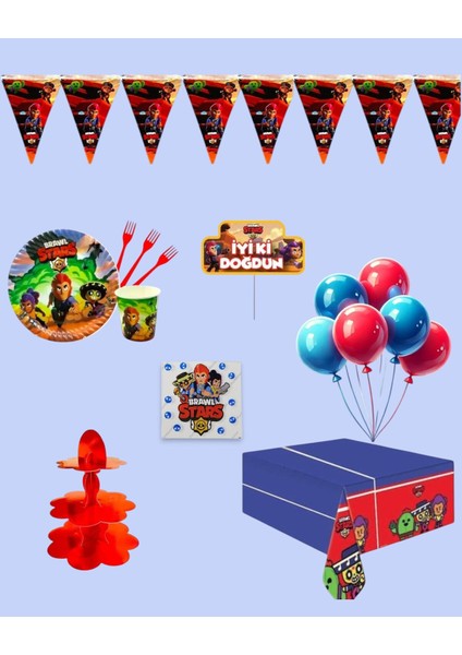 Brawl Stars 16 Kişilik Doğum Günü Parti Seti - Brawl Stars Konsepti Kek Standı