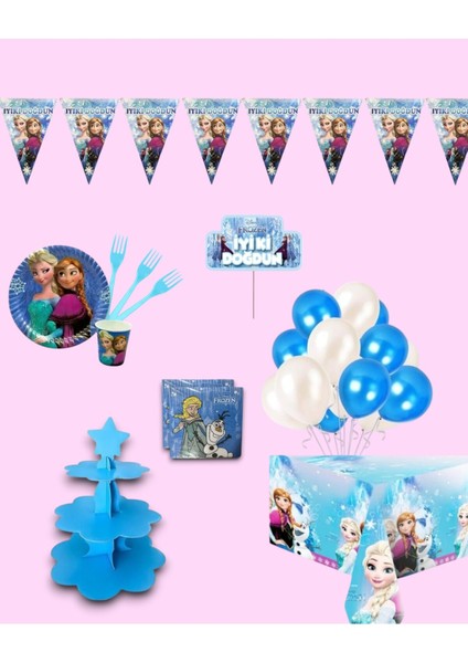 Frozen Karlar Ülkesi Elsa 16 Kişilik Doğum Günü Parti Seti -Karlar Ülkesi Elsa Konsepti Kek Standı