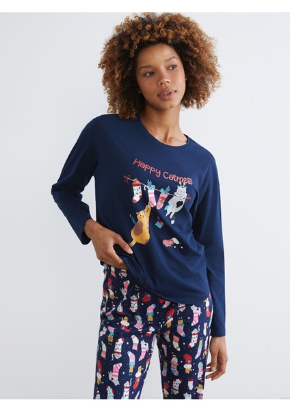 Yeni Sezon Bisiklet Yaka Yılbaşı Temalı Kadın Pijama Takımı