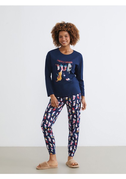 Yeni Sezon Bisiklet Yaka Yılbaşı Temalı Kadın Pijama Takımı fiyatları