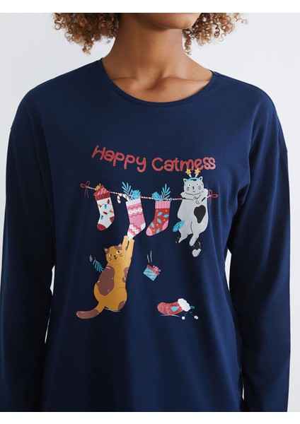 Yeni Sezon Bisiklet Yaka Yılbaşı Temalı Kadın Pijama Takımı modelleri