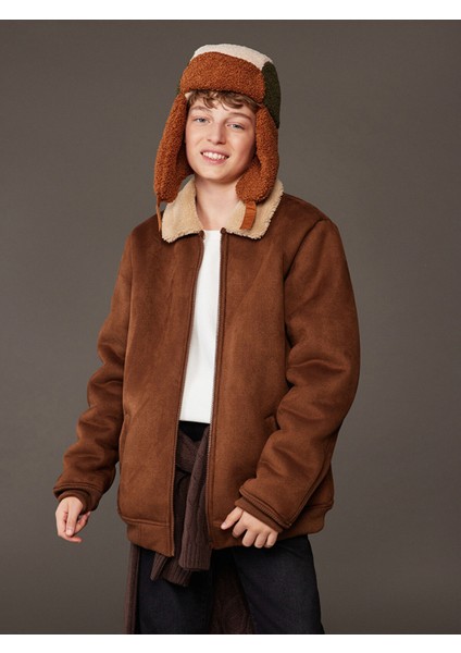 Yeni Sezon Kürk Yaka Erkek Çocuk Süet Görünümlü Mont