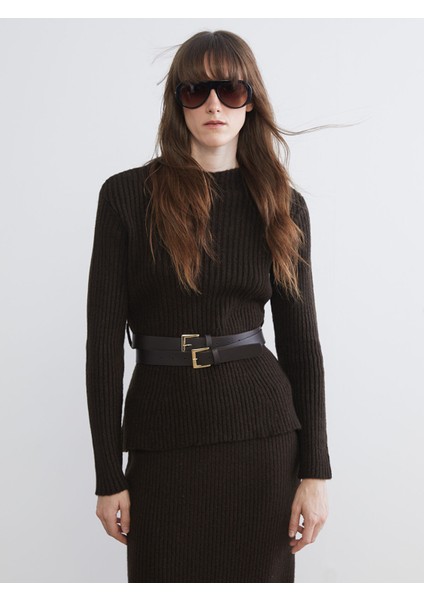 Yeni Sezon Dik Yaka Kemerli Kadın Triko Kazak