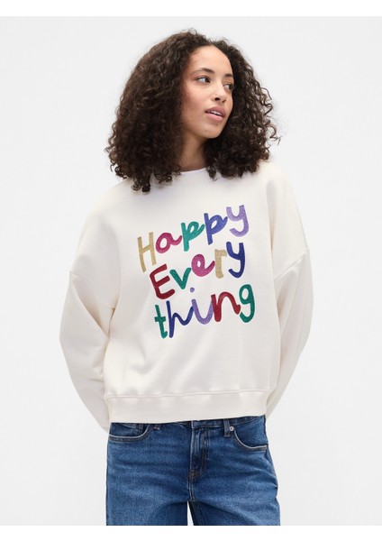 Kadın Kırık Beyaz Oversized Grafik Baskılı Sweatshirt